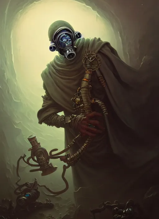 Prompt: fineart illustration of the old necromancer, wearing a wizard cloak, gas mask, by peter mohrbacher, hyper detailed, intricate, complex, 8 k, crisp,