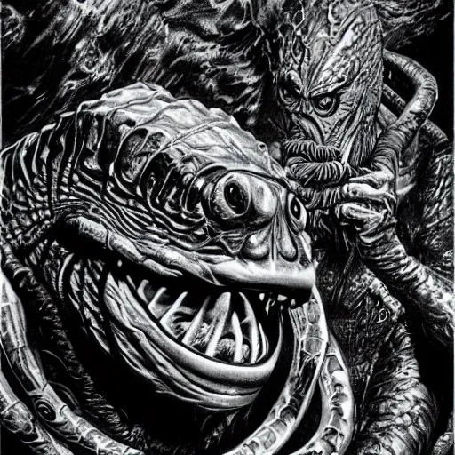 Image similar to highly detailed illustration of gill - man from creature of the black lagoon, hyper realistic, sci - fi horror art