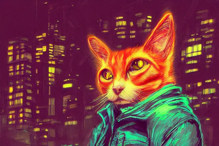 Prompt: cyberpunk ginger cat in the city, neon lighting, digital art, trending on artstation, fanart, by kawacy