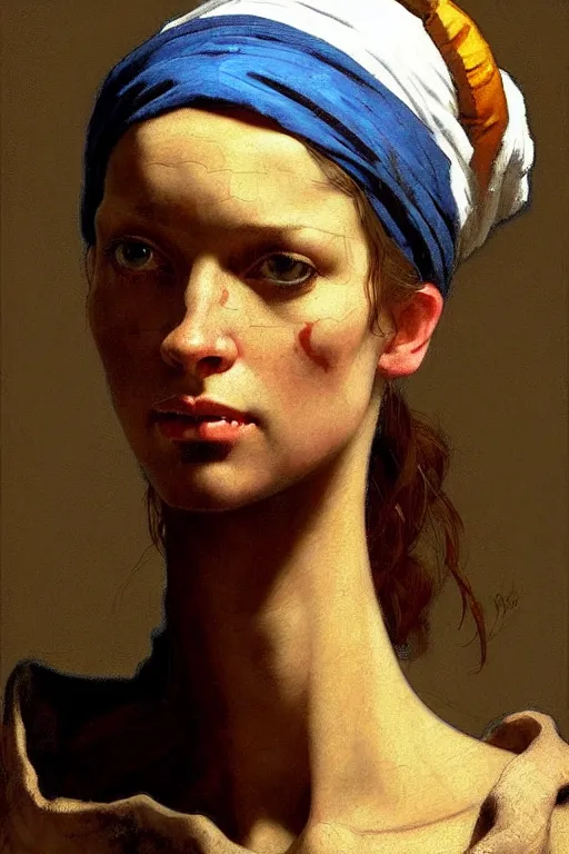 Image similar to full character portrait half - life 2 team fortress 2 video game character art not the girl with the pearl earring character design, painting by gaston bussiere, katsuya terada, nc wyeth, greg rutkowski, craig mullins, vermeer, frank frazetta, mucha, tom of finland, trending on artstation, jeffery catherine jones