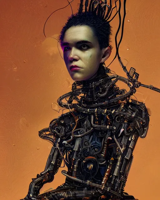 Prompt: grimes!! [ in cyberpunk attire ]!!, made of wires and metallic materials!!, portrait!!, digital art, afrofuturism, tarot card, 4 k, digital art, illustrated by greg rutkowski, max hay, rajmund kanelba, cgsociety contest winner