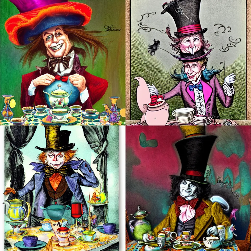 Prompt: the mad hatter at the tea party by Gustavo dore