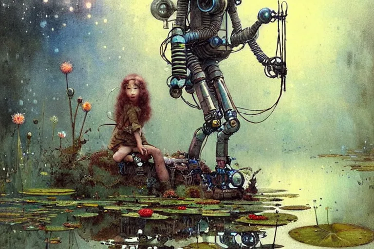 Image similar to adventurer ( ( ( ( ( 1 9 5 0 s retro future robot cyborg bolthole. muted colors. swamp, fairies, water lilies ) ) ) ) ) by jean baptiste monge!!!!!!!!!!!!!!!!!!!!!!!!! chrome red