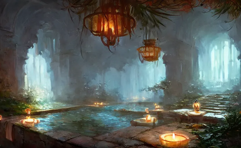 Image similar to painting of an interior of a hot spring with candles, fantasy, lush plants and flowers, natural light, concept art, by greg rutkowski and craig mullins, cozy atmospheric and cinematic lighting, trending on artstation