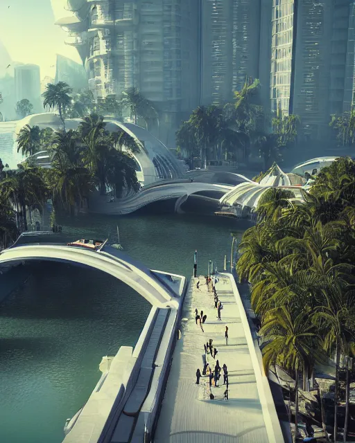 Prompt: futuristic utopian paradise, canals, bridges, white marble buildings, tropical, palm trees, crowds of people, by leon tukker, zaha hadid, photography, cinematic lighting, octane render, artstation