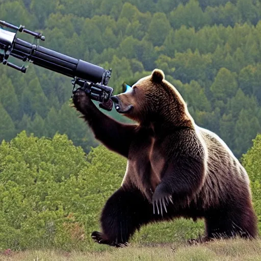 Image similar to grizzly bear holding a mounted minigun