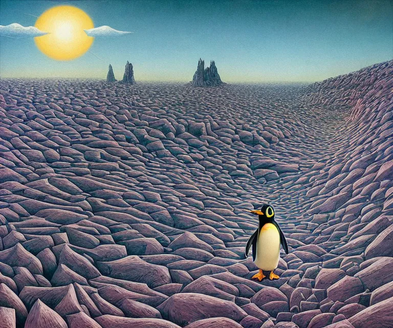 Image similar to hyper detailed 3d render like a Oil painting - a cartoon penguin in a barren desert under an unrelenting sun, by Jacek Yerka, Mariusz Lewandowski, Houdini algorithmic generative render, Abstract brush strokes, Masterpiece, Edward Hopper and James Gilleard, Zdzislaw Beksinski, Mark Ryden, Wolfgang Lettl, hints of Yayoi Kasuma, octane render, 8k