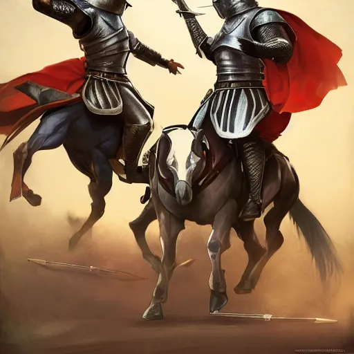 Image similar to two mounted knights tilting against each other in a jousting tournament, art by artgerm and greg rutkowski and magali villeneuve, d & d, fantasy, highly detailed, digital painting, trending on artstation, concept art, illustration