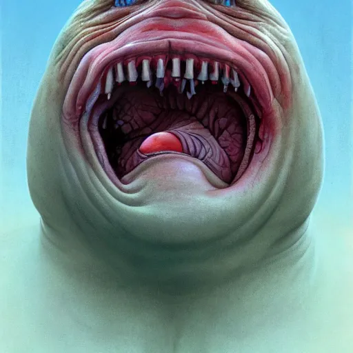 Prompt: vladimir putin is anthropomorphic blob fish hybrid, blob fish macabre, horror, by donato giancola and greg rutkowski and wayne barlow and zdzisław beksinski, digital art