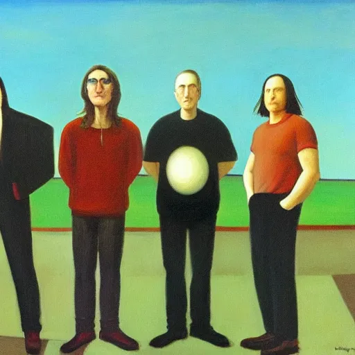 Prompt: rush, geddy lee, alex lifeson, neil peart, grant wood, pj crook, edward hopper, oil on canvas