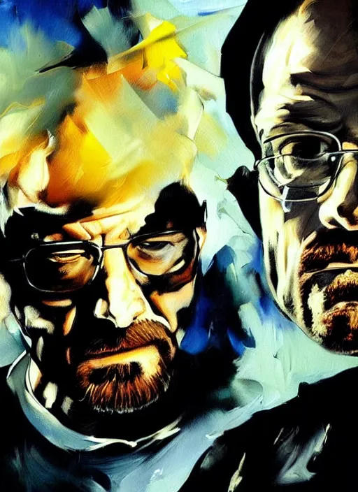 Prompt: walter white and jesse pinkman cooking meth, smoke, painting by phil hale, fransico goya,'action lines '!!!, graphic style, visible brushstrokes, motion blur, blurry, visible paint texture, crisp hd image