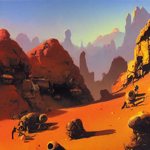 Image similar to a village hanging off a cliff on mars by paul lehr,