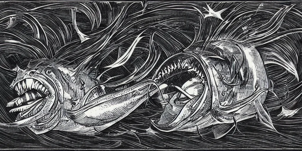 Prompt: illustration of an angler fish, in the stle of yoshi yoshitani, deep sea, large mouth filled with pointed teeth, stylized linework, ornamentation, artistic