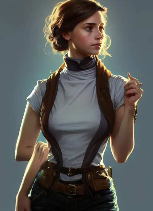 Prompt: portrait of a full body of beautiful young female detective, d & d, sleeveless turtleneck, fantasy, flat lighting, intricate, highly detailed, digital painting, artstation, concept art, smooth, sharp focus, illustration, art by simon bisley and greg rutkowski and alphonse mucha, natural tpose