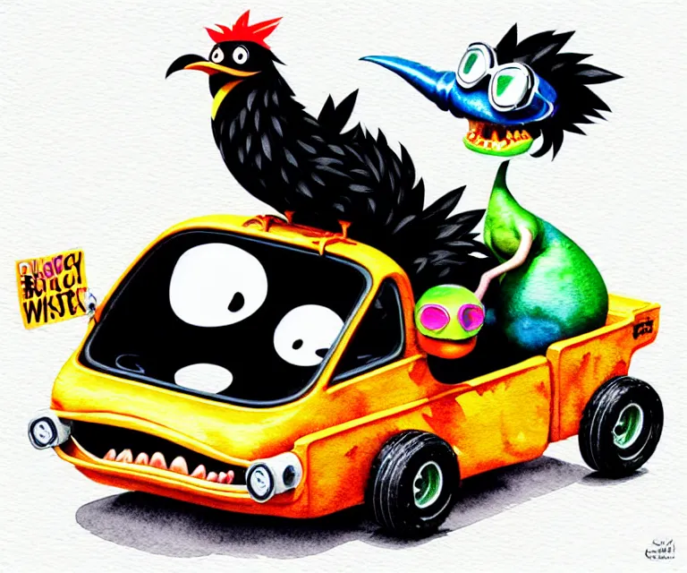 Prompt: cute and funny, black chicken wearing goggles driving a tiny hot rod with an oversized engine, ratfink style by ed roth, centered award winning watercolor pen illustration, isometric illustration by chihiro iwasaki, edited by craola, tiny details by artgerm and watercolor girl, symmetrically isometrically centered