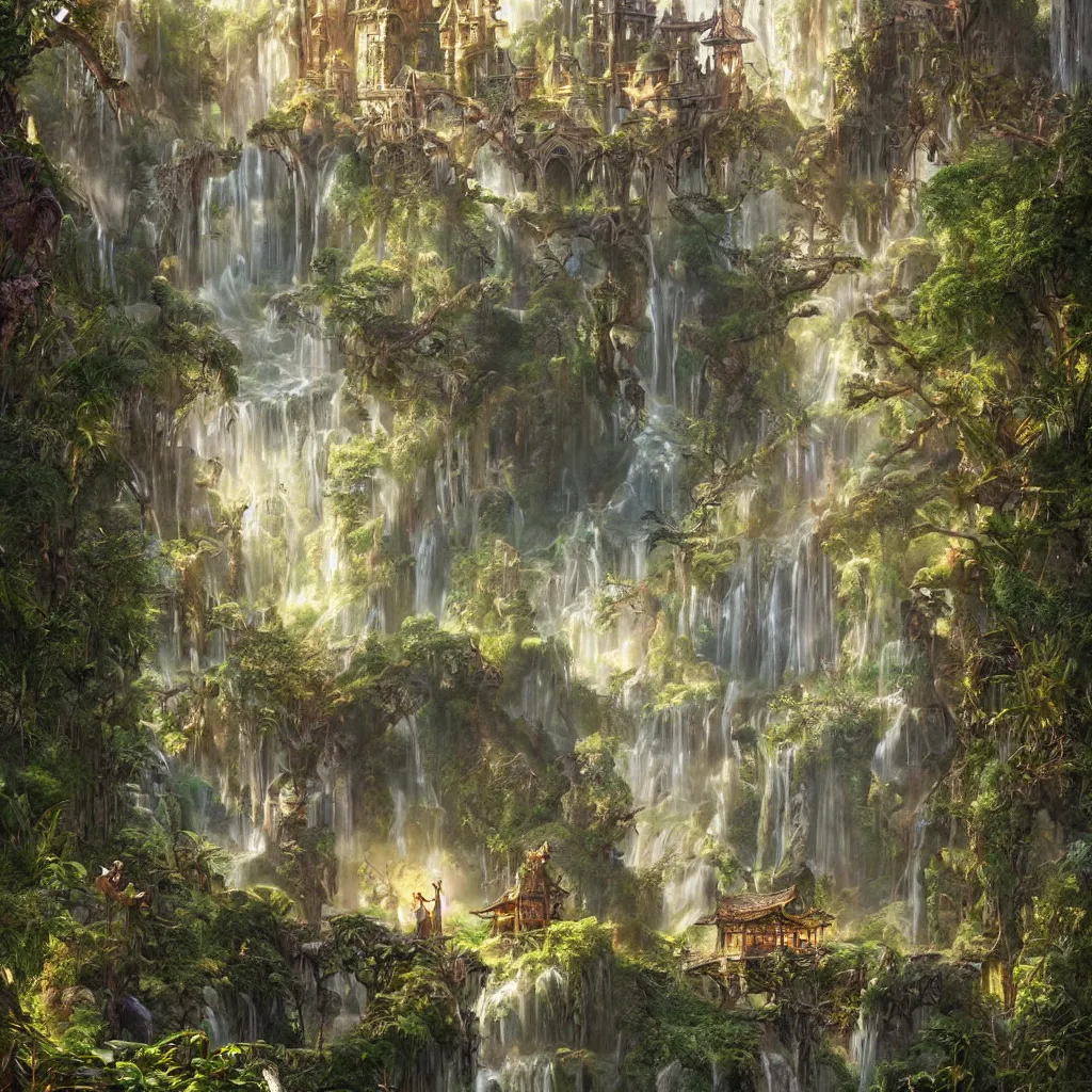 Prompt: fox in a fairy palace, castle towers, sunbeams, gothic towers, Japanese shrine waterfall, gold and gems, gnarly details, lush vegetation, forest landscape, painted by tom bagshaw, raphael lacoste, eddie mendoza, alex ross concept art matte painting