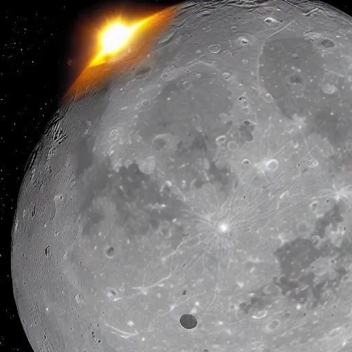 Image similar to hyper realistic photo of the solar system asteroid hitting the moon