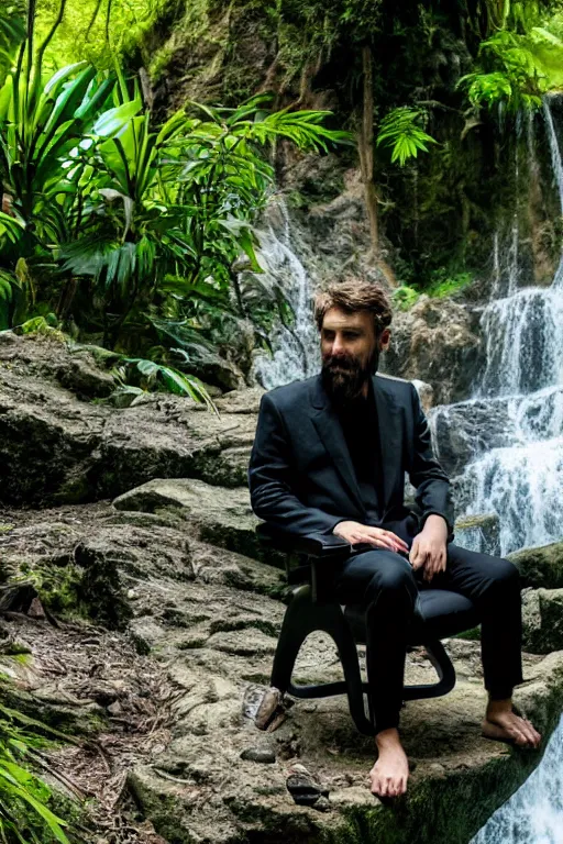 Image similar to movie closeup young man with a grey beard in a cyberpunk suit sitting on a futuristic chair at the edge of a jungle waterfall by emmanuel lubezki