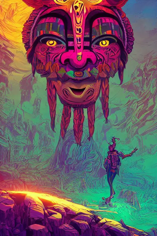 Image similar to totem animal tribal chaman vodoo mask feather gemstone plant wood rock video game illustration vivid color borderlands by josan gonzales and dan mumford radiating a glowing aura