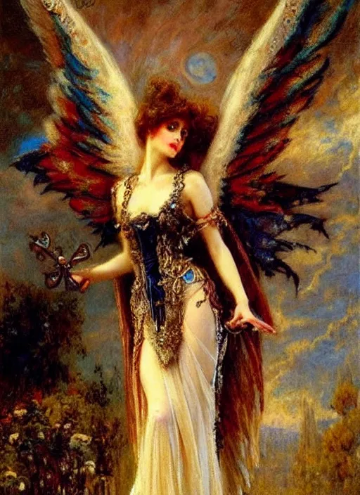 Image similar to vertical prtrait of an angel knight gothic girl, baroque dress. by gaston bussiere