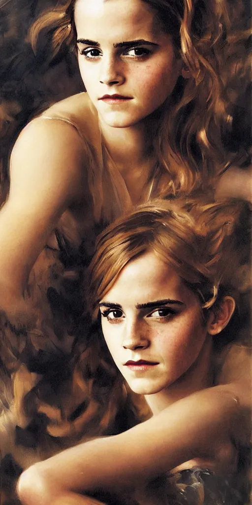 Prompt: emma watson coyly smiling detailed portrait painting by gaston bussiere craig mullins j. c. leyendecker photograph by richard avedon peter lindbergh annie leibovitz