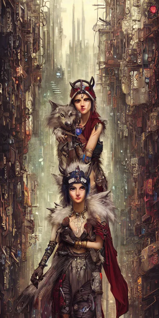 Image similar to hyper realistic Princess Mononoke in her mask, busy cyberpunk metropolis, city landscape, wolves, magic, castle, jewels, style of tom bagshaw, mucha, james gurney, norman rockwell, denoised, sharp