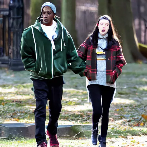 Image similar to travis scott dating anya taylor joy in central park at winter, photorealistic, dynamic light, ultra detailed, paparazzi photo