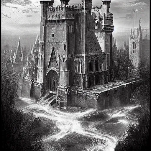 Image similar to an ultra detailed black and white tarot card of a lonely and impossibly tall ominous gothic dark citadel tower of the evil patriarch, battlements, castle wall, portcullis, in a river elevated high above the city, scary gothic architecture, ultrawide lense, aerial photography, exquisite detail, 8 k, art by greg rutkowski and alphonse mucha