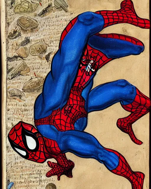 Image similar to a manuscript painting of Spider-Man in the style of the Rochester Bestiary, Ashmole Bestiary