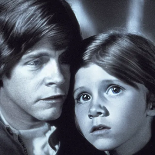 Image similar to film still of carrie fisher and mark hamill as children in new star wars movie, dramatic lighting, highly detailed face, kodak film, wide angle shot,