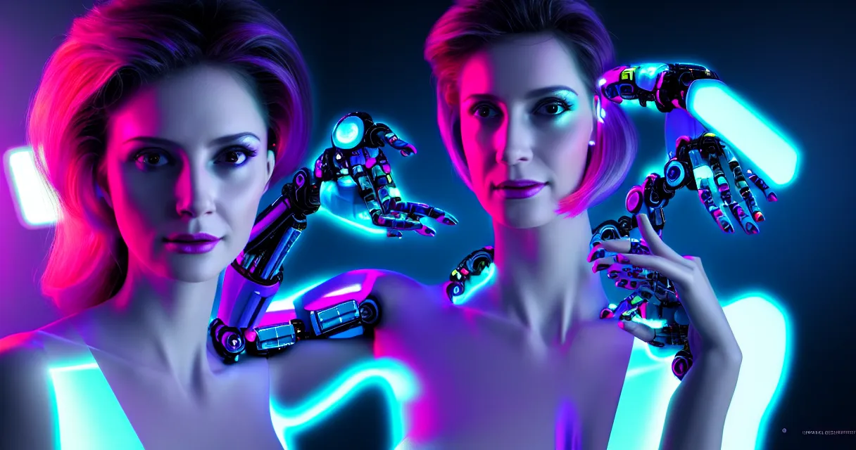 Prompt: beauty woman in holograms, with robotic arms, electronic case display, 80s style sci-fi tech, ultrarealistic, dramatic lighting, backlit, cables and wires, electrical details, high details, 4k, 8k, best, accurate, trending on artstation, artstation, photorealism, ultrarealistic, digital painting, style of Caravaggio, Boris Vallejo