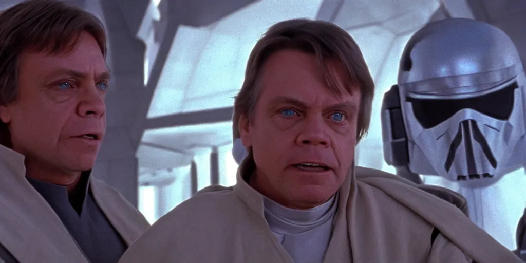 Prompt: A full color still of clean shaven Mark Hamill as Jedi Master Luke Skywalker talking with a space soldier, there are large windows showing a sci-fi city outside, at dusk, at golden hour, from The Phantom Menace, directed by Steven Spielberg, 1999