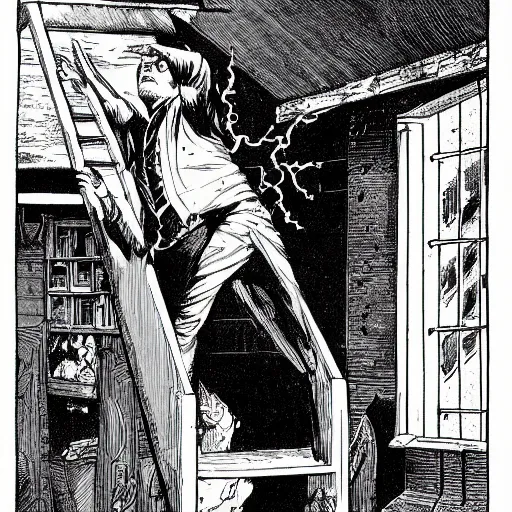 Image similar to warlock in the attic, comic art, victorian illustration, black and white