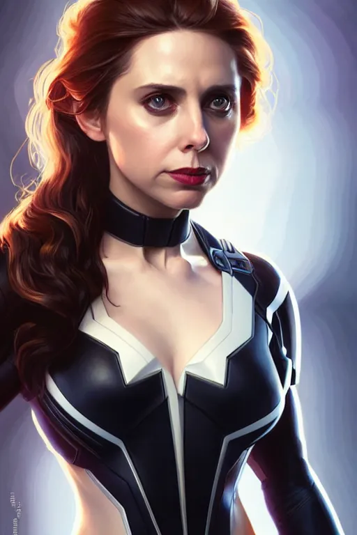 Prompt: alison brie as black widow, realistic portrait, symmetrical, highly detailed, digital painting, artstation, concept art, smooth, sharp focus, illustration, cinematic lighting, art by artgerm and greg rutkowski and alphonse mucha