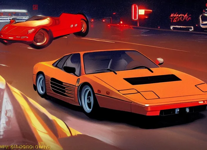 Prompt: jc denton driving a ferrari testarossa through miami at night, in the style of syd mead