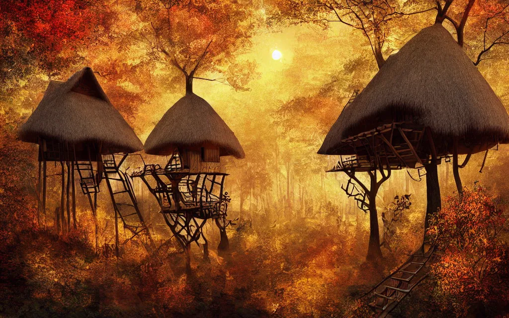 Image similar to a group of tree houses with wooden ladders and thatched roofs, nestled in a forest, golden hour, autumn leaves, realistic high quality art digital art