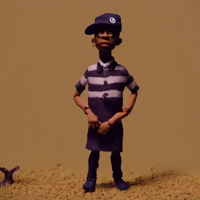 Image similar to a cinematic film still of a claymation stop motion film starring tyler the creator, shallow depth of field, 8 0 mm, f 1. 8