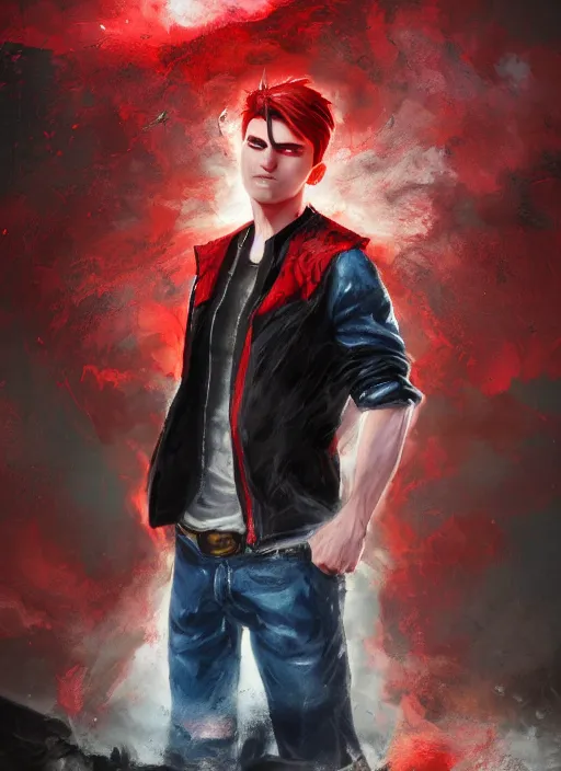 Image similar to An epic fantasy comic book style portrait painting of a young man with black and red cowlick undercut haircut, wearing a red shirt, black overcoat, blue jeans. Unreal 5, DAZ, hyperrealistic, octane render, cosplay, RPG portrait, dynamic lighting