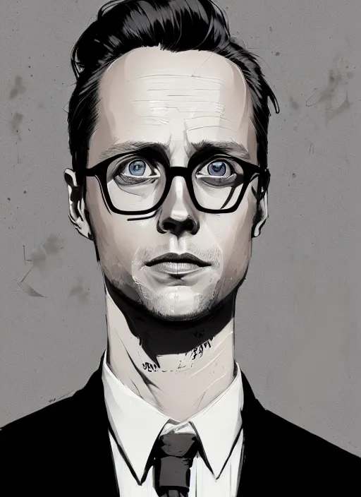 Image similar to highly detailed closeup portrait of martin wallstrom, tyrell wellick, slick back hair wearing suit by atey ghailan, by greg rutkowski, by greg tocchini, by james gilleard, by joe fenton, by kaethe butcher, gradient blue, black and white only color scheme, grunge aesthetic!!! ( ( graffiti tag wall background ) )