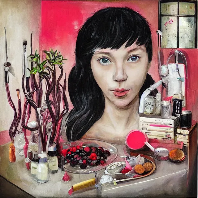 Image similar to “ a portrait in a female art student ’ s apartment, sensual, a pig theme, syringe, coral, anaesthetic, surgical supplies, surgical iv drip, octopus, ikebana, herbs, a candle dripping white wax, squashed berries, berry juice drips, acrylic and spray paint and oilstick on canvas, surrealism, neoexpressionism ”