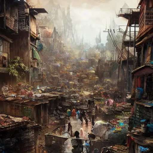 Image similar to slum neighborhood in lord of the ring world, fantasy, on artgerm, ilya yefimovich repin style, hyperrealistic content, high definition content, intricate, delete duplicate content, justify content center, ultra detailed content, realistic human content, 5 dark tone colors