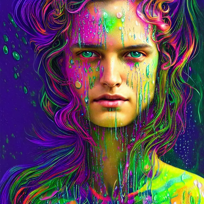 Image similar to bright psychedelic portrait with rain on face and wet hair, wings, smiling, diffuse lighting, fantasy, intricate, elegant, highly detailed, lifelike, photorealistic, digital painting, artstation, illustration, concept art, smooth, sharp focus, art by John Collier and Albert Aublet and Krenz Cushart and Artem Demura and Alphonse Mucha