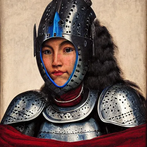 Prompt: head and shoulders portrait of a female knight, quechua, lorica segmentata, cuirass, tonalist, symbolist, realism, raven, chiaroscuro, baroque, indigo and venetian red, grisaille, detailed, modeled lighting, vignetting