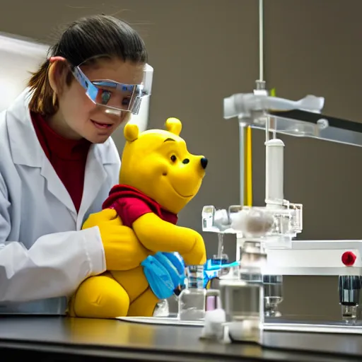 Image similar to winnie the pooh dressed in a lab coat working in a brightly lit laboratory