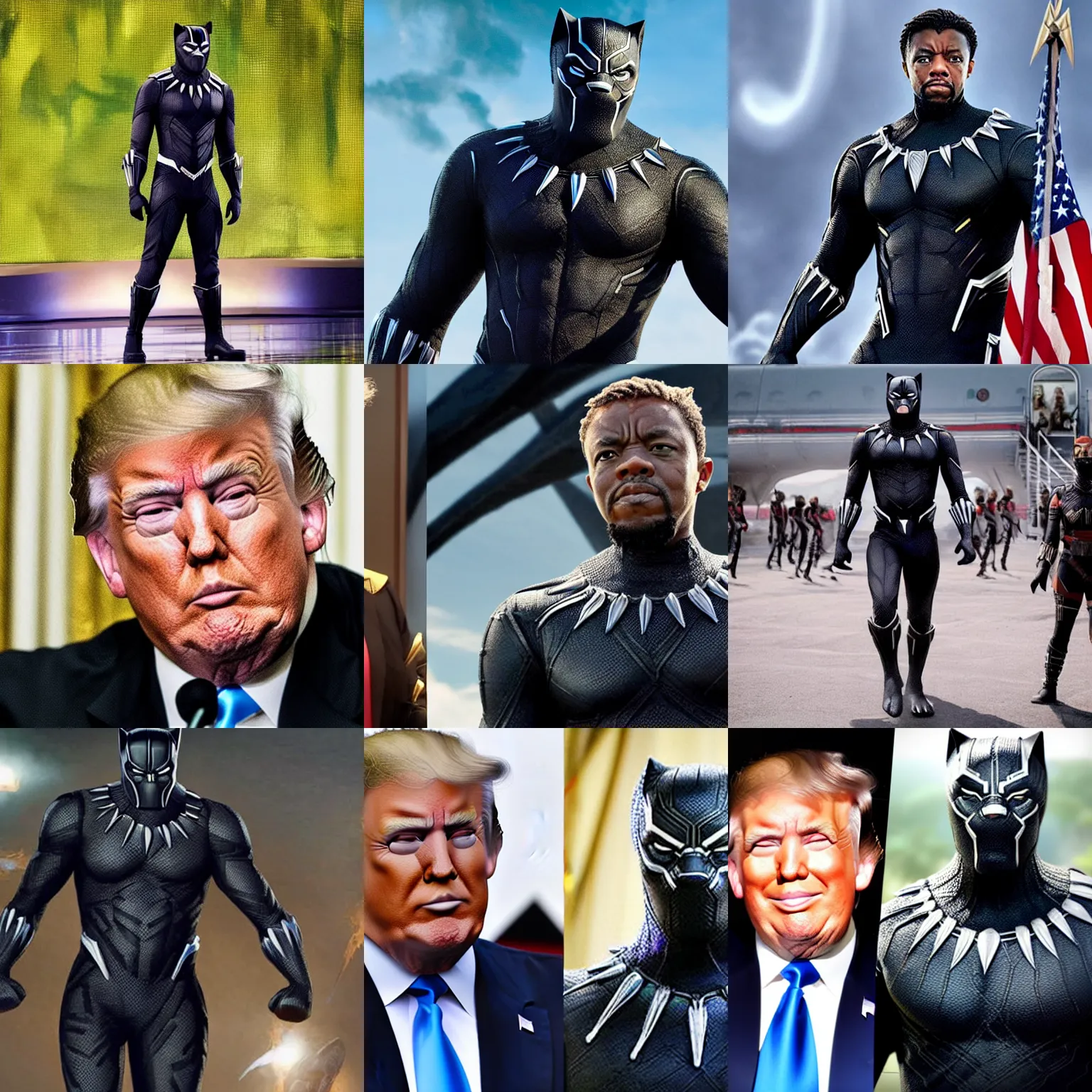 Prompt: trump in the marvel movie black panther costume without the helmet, realistic, sharp, detailed