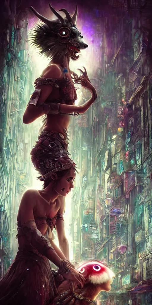 Image similar to hyper realistic Princess Mononoke attacking luminescent ghost, ornate mask, wet market street, cyberpunk metropolis, city landscape, jewels, full body pose, full moon, style of tom bagshaw, mucha, james gurney, norman rockwell, denoised, sharp