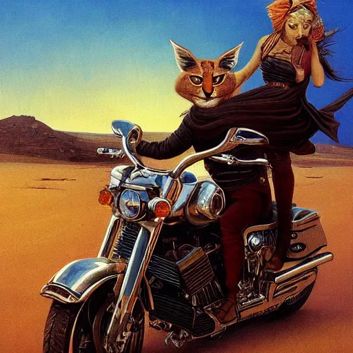 Prompt: a detailed painting of a cute caracal riding a harley davidson motorcycle. movie scene, cinematic scene, sunset, road. by beksinski and carl spitzweg and tuomas korpi. baroque elements. baroque element. intricate artwork by caravaggio. oil painting. award winning. trending on artstation. 8 k