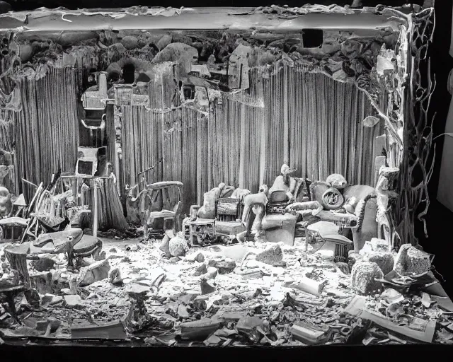 Prompt: paper mache diorama of a stage at a club, dim lights, debris, centered, by Terry Richardson, 8k, concert documentary, b&w photography, cinematography by Jim Jarmusch, set design by Neo Rauch