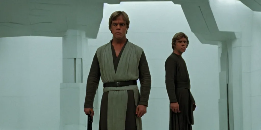 Prompt: screenshot of master Luke Skywalker played by Mark Hammil standing alone in the Jedi Temple, 1970s thriller by Stanely Kubrick film, color kodak, ektochrome, anamorphic lenses, detailed faces, hyper realistic, photoreal, detailed portrait, moody cinematography, strange lighting