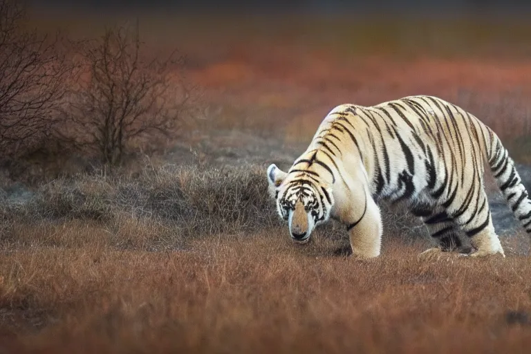 Image similar to a tiger polar bear!!! hybrid! hyper realistic!! realistic lighting!! wildlife photographer of the year!!! bold natural colors, national geographic, hd, wide angle, 8 k